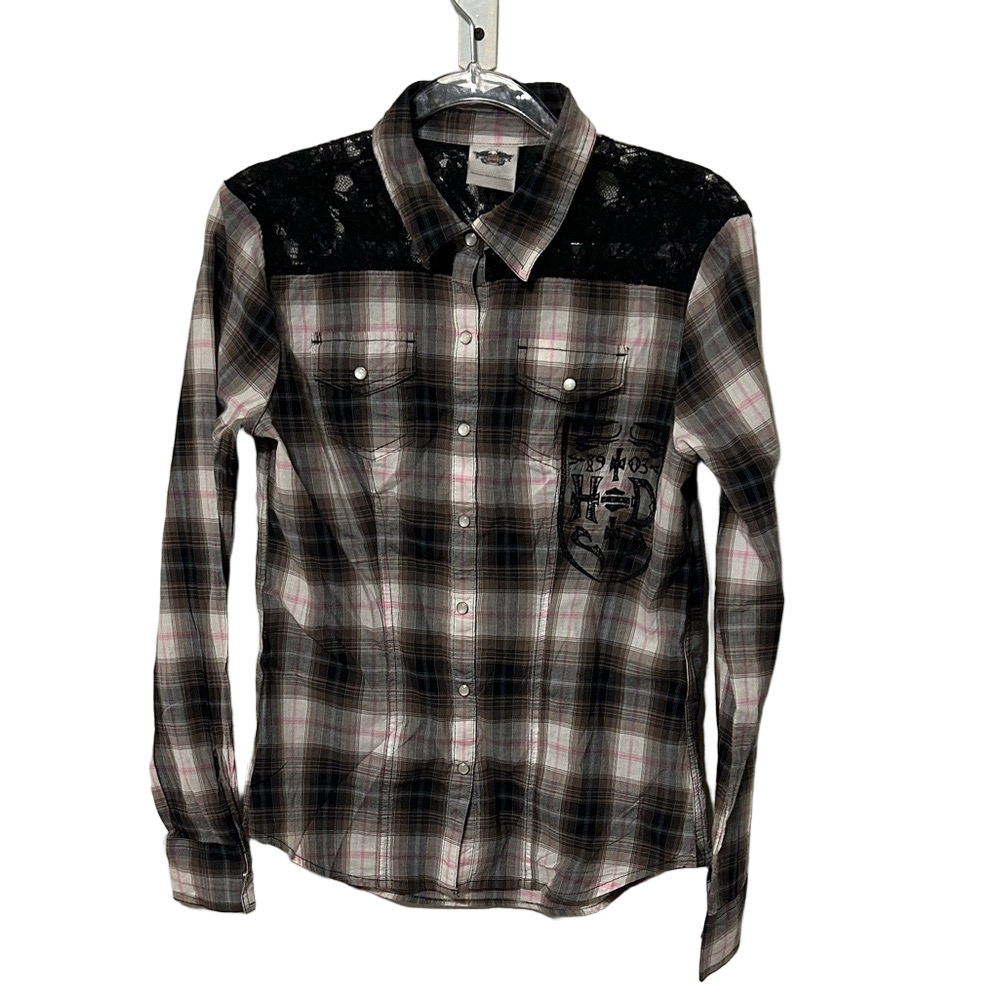 🪗Harley-Davidson Plaid Blouse with Black Lace size Small GUC..